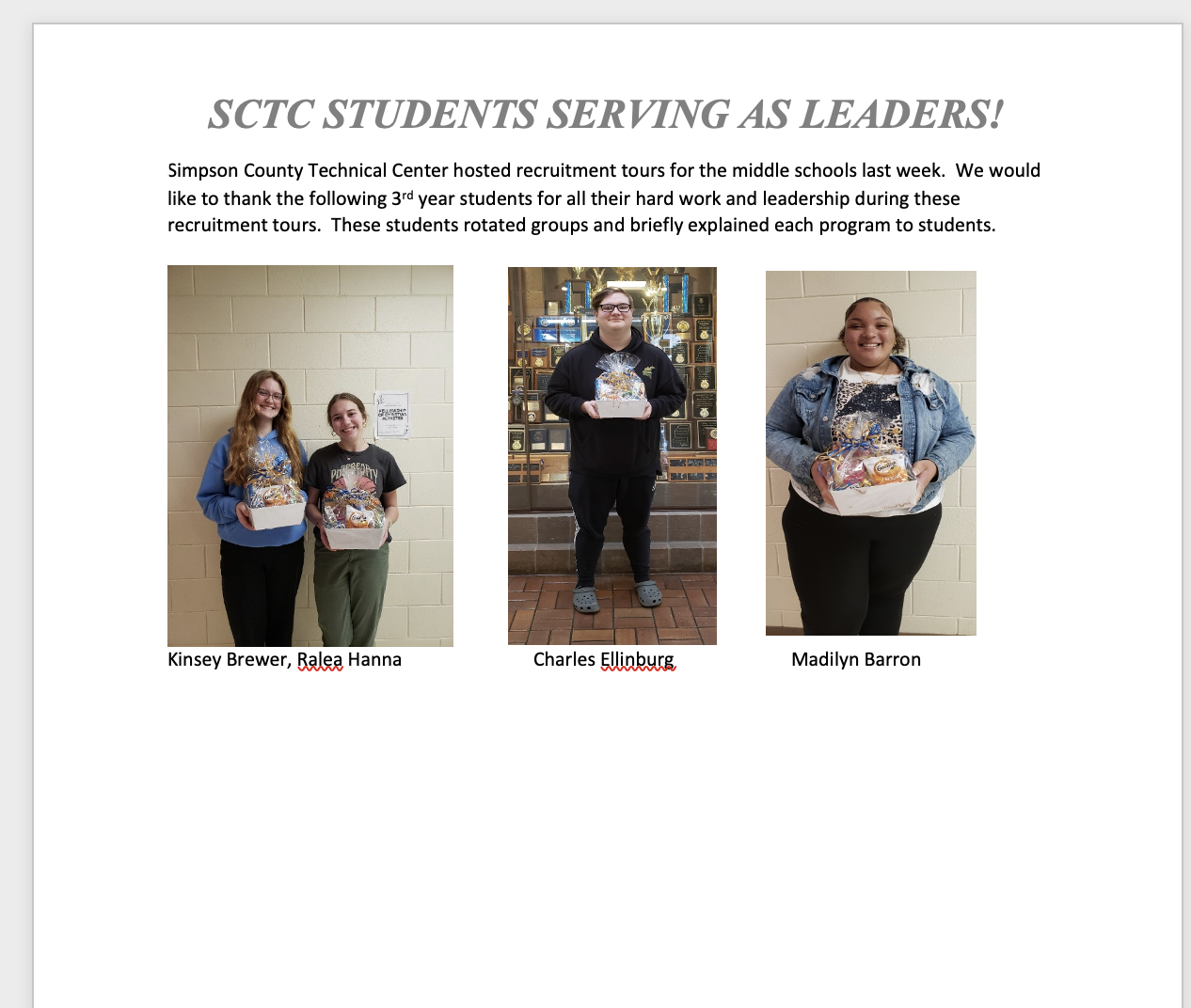 SCTC STUDENTS SERVING AS LEADERS!